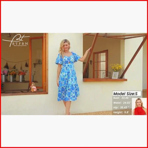 Women's Maxi Dress Boho Floral Smocked Back Short Sleeve Summer Casual - Picture 7 of 7